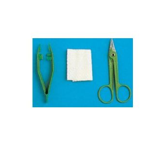 Set per rimozione suture confezionato in blister rigido, contenente forbice, pinza e garza