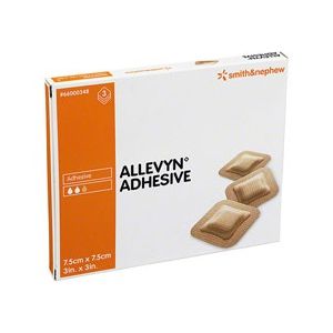 Medicazione idrocellulare adesiva sterile allevyn adhesive altamente assorbente in schiuma di poliuretano a struttura tristratificata 7,5x7,5cm 3 pezzi