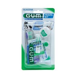 Gum travel kit viaggio 1 spazzolino pieghevole gum travel + 1 dentifricio viaggio 12 ml + 1 rocchetto filo interdentale 10mt + 2 scovolini gomma gum soft picks