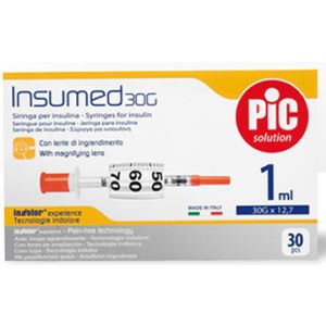 Siringa insulina pic insumed 1 ml 100 ui ago gauge 30 12,7 mm senza spazio morto 30 pezzi