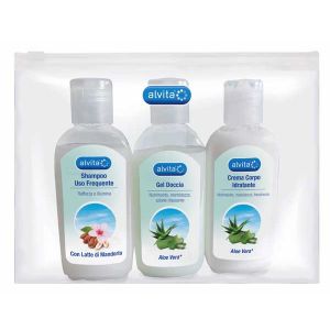 Alvita kit viaggio body care 1 gel doccia aloe vera 75 ml + 1 crema corpo idratante aloe 75 ml + 1 shampoo uso frequente 75 ml