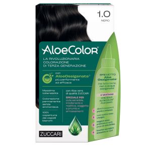Aloecolor 1,0 nero tinta permanente capelli colore ad alta pigmentazione 50 ml + rivelatore aloeossigenata 75 ml + shampoo aloecare 15 ml + guanti