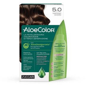 Aloecolor 5,0 castano chiaro tinta permanente capelli colore ad alta pigmentazione 50 ml + rivelatore aloeossigenata 75 ml + shampoo aloecare 15 ml + guanti