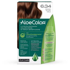 Aloecolor 6,34 biondo scuro miele tinta permanente capelli colore ad alta pigmentazione 50 ml + rivelatore aloeossigenata 75 ml + shampoo aloecare 15 ml + guanti